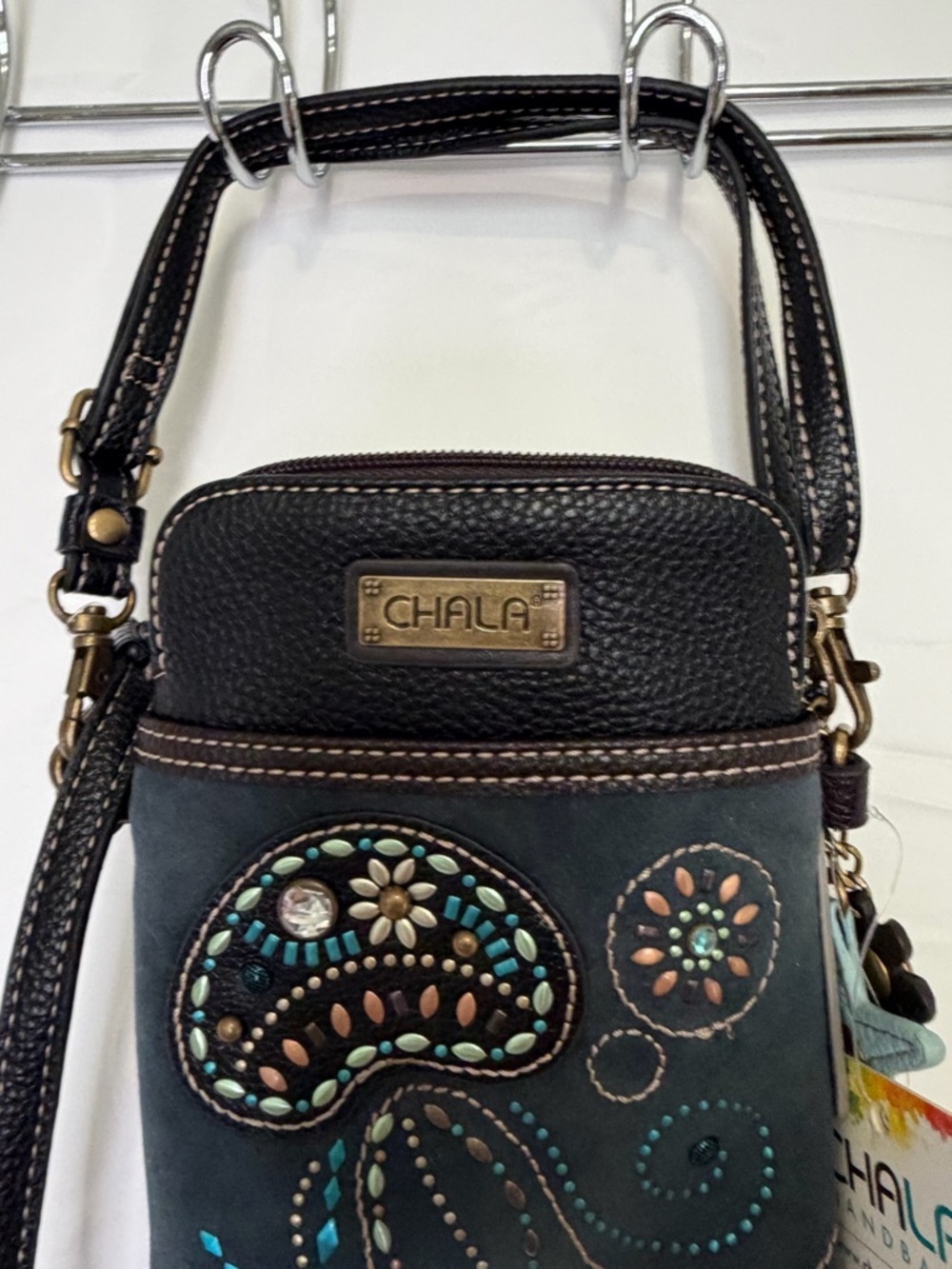 Chala Black Crossbody Phone Bag with Turquoise Embellishments​ - Picture 3 of 10